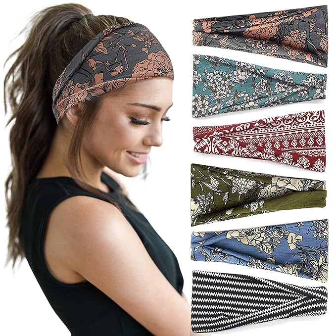 Huachi Boho Headbands for Women Wide Head Bands Yoga Workout Hair Bands for Women's Hair Non Slip Summer Womens Headbands Hair Accessories 6 Pack