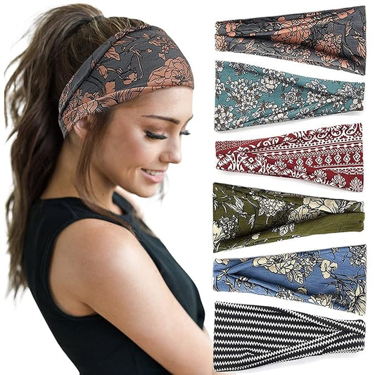 Huachi Boho Headbands for Women Wide Head Bands Yoga Workout Hair Bands for Women's Hair Non Slip Summer Womens Headbands Hair Accessories 6 Pack