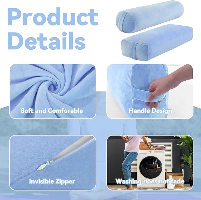 ROYALAY 2 Pcs Yoga Bolster Pillow for Restorative Yoga, Rectangular and Cylinder Meditation Pillow Set with Carrying Handles, Supportive Cushion for Exercise Workout Stretching Meditation,Sky Blue