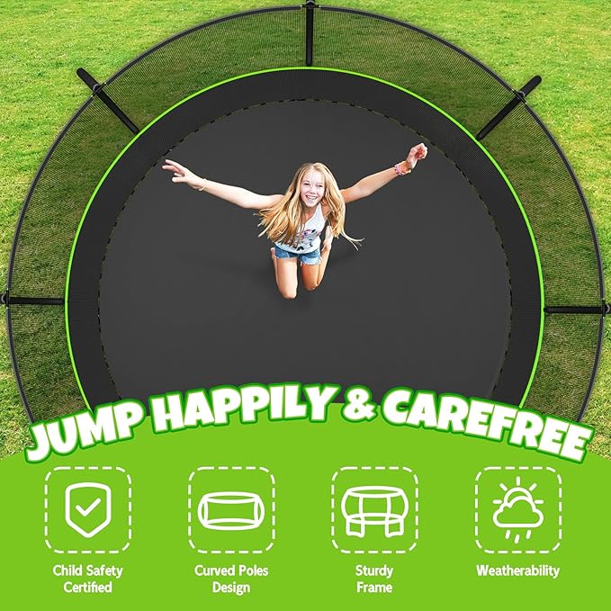 Trampoline 8FT 10FT 12FT 14FT 16FT, Outdoor Trampolines for Kids and Adults, Recreational Trampoline with Enclosure Net & Ladder, Round Trampoline ASTM Approved, 400/450LBS Weight Capacity