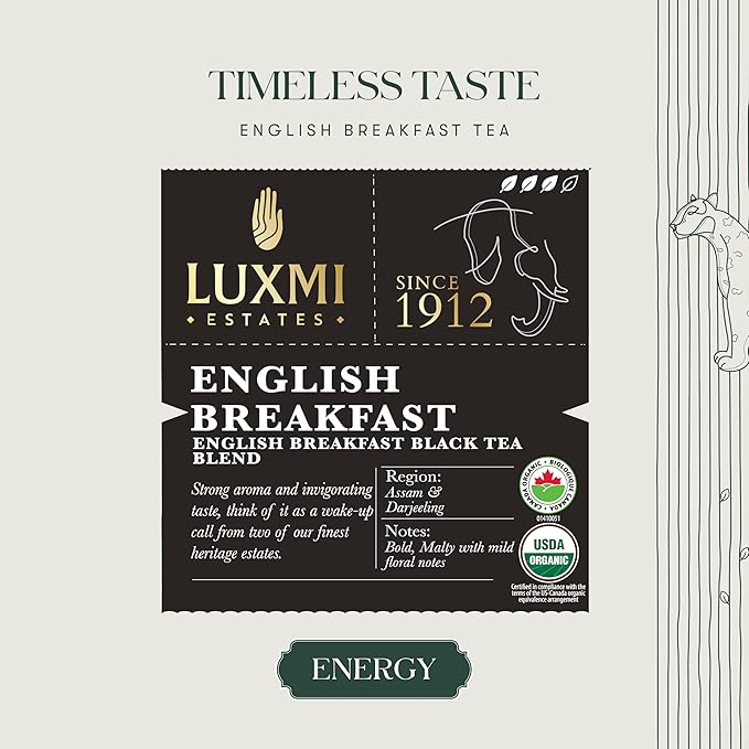 Luxmi Estates - Tale of Two Estates - Organic English Breakfast Tea - Loose Leaf - 100g (50 Cups) | Made with Organic Darjeeling & Assam Tea from India | Smooth, Flavorful, Robust and Caffeinated