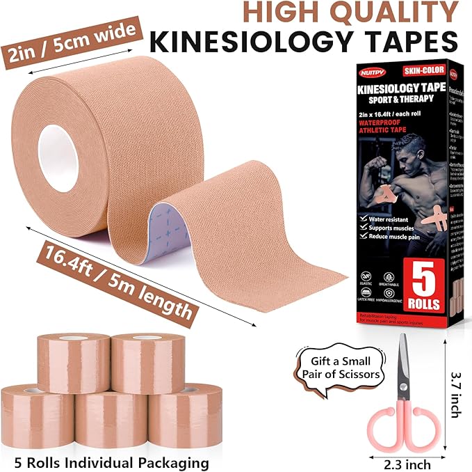 5 Rolls Kinesiology Tape, 2 inch x 16.4 Feet Waterproof Athletic Tape, Uncut Kinetic Tape, Muscle Tape, Sports Tape, Knee Tape for Exercise and Daily Use - Skin Color