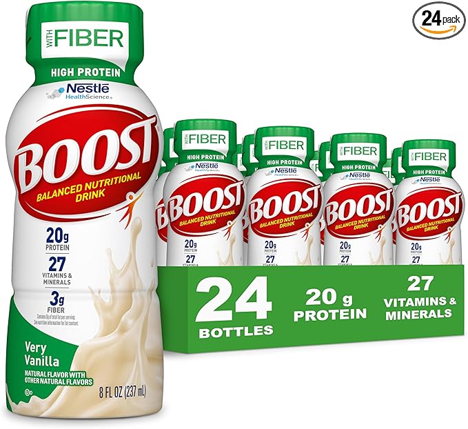 BOOST High Protein with Fiber Ready to Drink Complete Nutritional Drink, Very Vanilla, 8 fl oz Bottle, 24 Pack