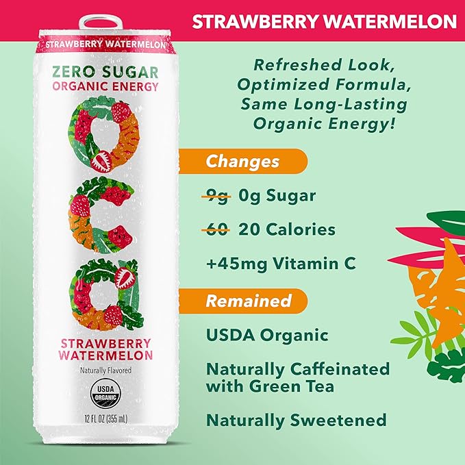 OCA ZERO Strawberry Watermelon, Organic energy drink, zero sugar, gluten-free, vegan plant-based, 12 Fl Oz (12-pack)