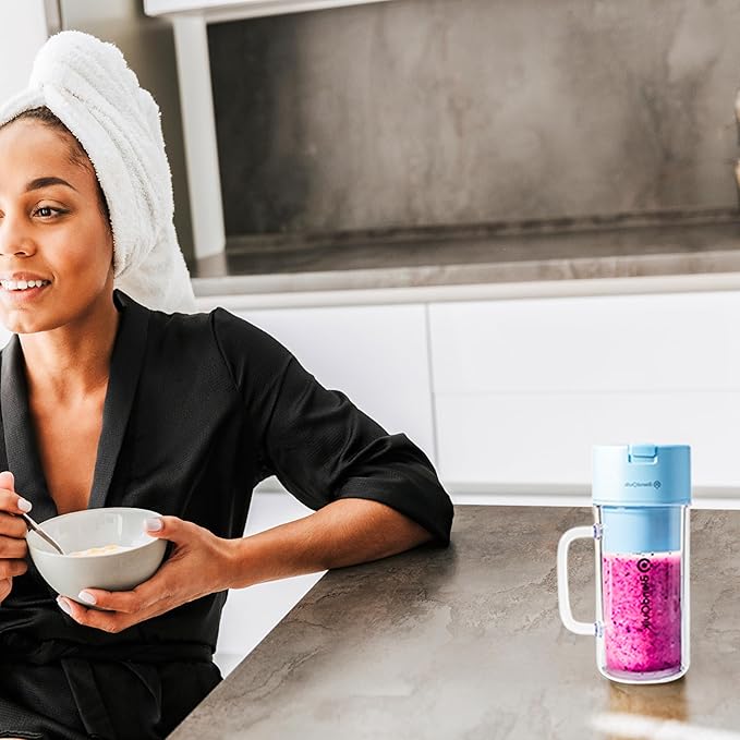 Personal Portable Blender For Shakes & Smoothies, Leakproof & Stylish Portable Mason Jar Shaker, Rechargeable Mini Blender with 10-Blade Blending System 14oz, Sky Blue