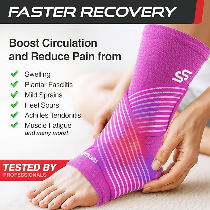 Sleeve Stars Ankle Brace for Women & Men, Ankle Wrap for Sprained Ankle, Compression Sleeve for Plantar Fasciitis Relief, Easy Customizable Support: w/Removable Strap (Single/L:12"-13"/Hot Pink)