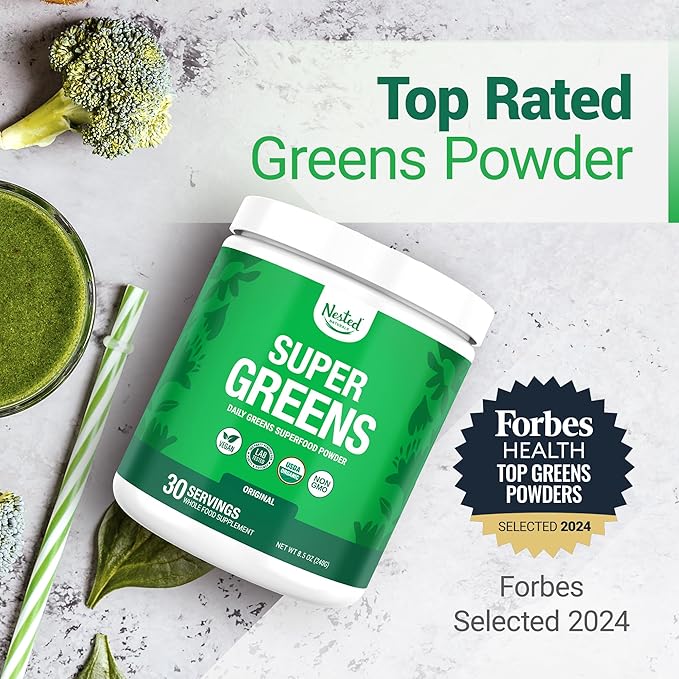 Nested Naturals Super Greens Daily Superfood Powder - Certified USDA Organic Green Powder w/20+ Whole Foods, Spirulina Powder,Wheat & Barley Grass - Probiotics, Fiber & Enzymes - Original Flavour, 30