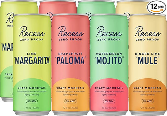 Recess Zero Proof Craft Mocktails, Alcohol Free Drinks, With Adaptogens, Non-Alcoholic Beverage Replacement, Mixer, Celebration, Party, (Sampler, 12oz, Pack of 12)