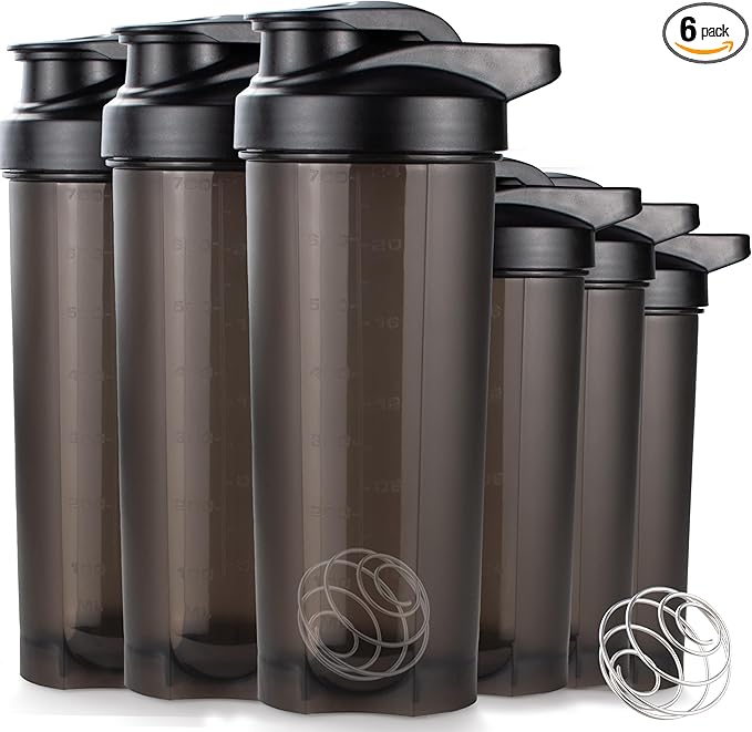 ShakerZoo-6 Pack-Protein Shaker Bottles for Protein Mixes, Shaker Cups for Protein Shakes, 3 pcs 24 ounce and 3 pcs 20 ounce (Black)