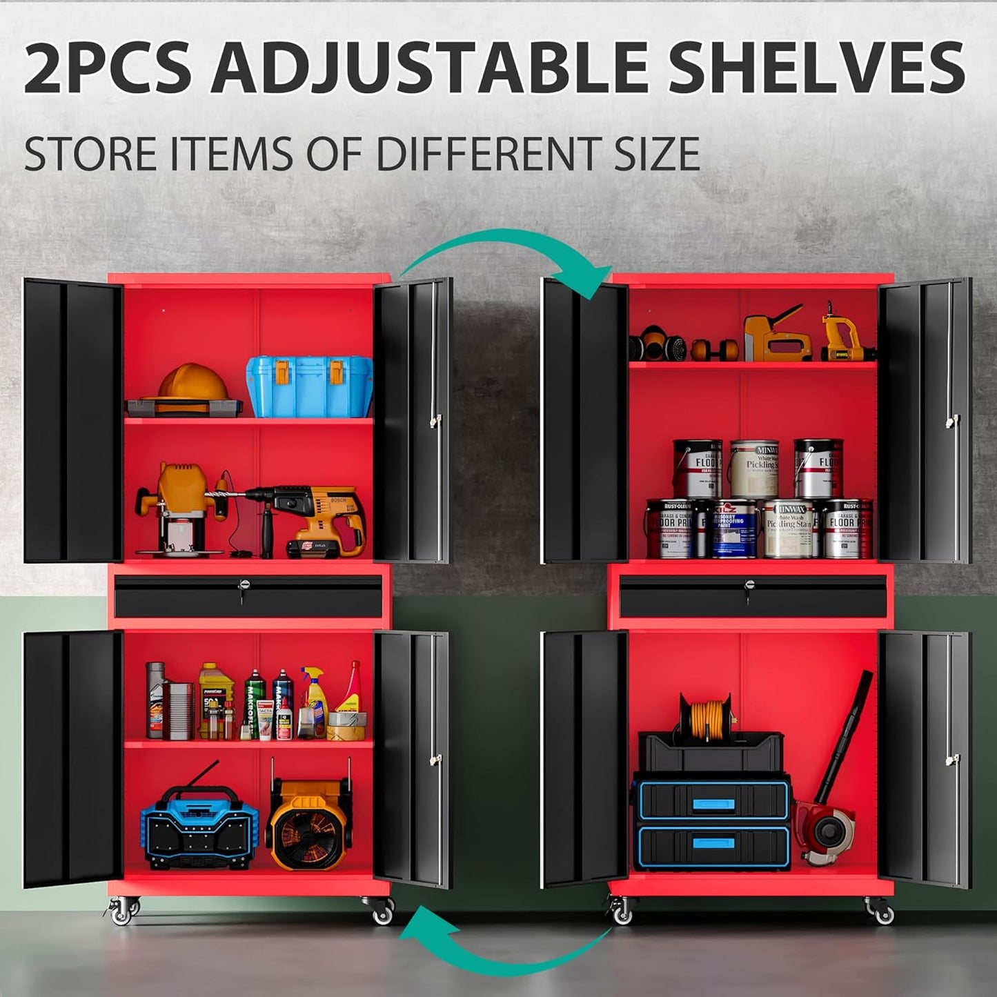 SISESOL Metal Storage Cabinet with Wheels and Drawer,Rolling Garage Storage Cabinet with Lock,Black Red Metal Cabinets with Wheel,73" Mobile Tall Tool Cabinets on Wheel for Home,Office,Garage,Shop