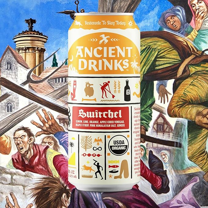 ANCIENT DRINKS Apple Cider Vinegar Beverage with Electrolytes, Vitamins, & Probiotics, Organic, Super-Hydrating Sports Drink - Switchel (Citrus & Ginger) - 16 fl oz (12 cans)