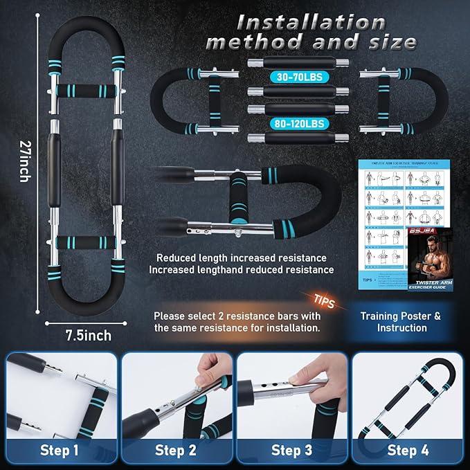 BEJEA Twister Arm Trainer,30-120lb Adjustable,Chest Trainer for Men & Women with 4 Springs & Train Poster,Arm Trainer for Chest Clip Muscle & Arm Strength