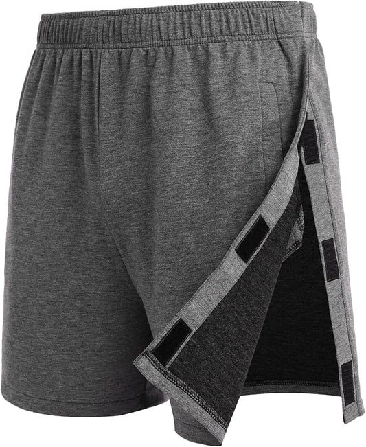 Deyeek Unisex Tear Away Shorts Snap On Athletic Cotton Shorts Post Knee Surgery Recovery Hip Replacement Pants with Pockets