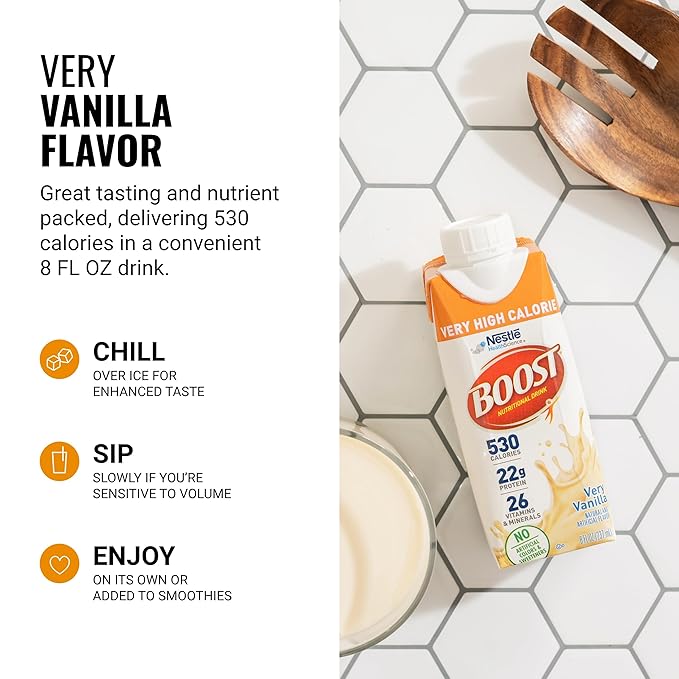 Boost Very High Calorie Vanilla Nutritional Drink – 22g Protein, 530 Nutrient Rich Calories, 8 Fl Oz (Pack of 24)