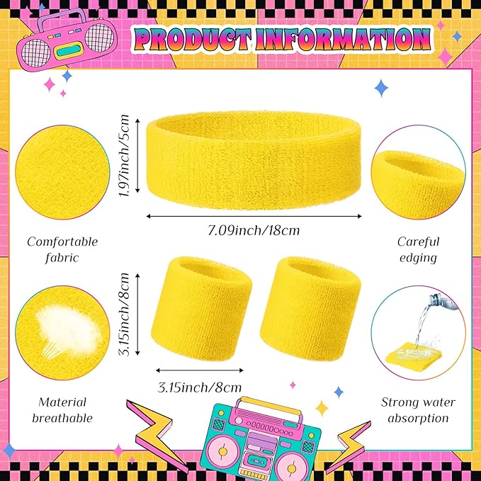 3 Pack Neon Sweatbands Sports Wristband and Headband 80s Sweatbands for Party Football Basketball Baseball Soccer