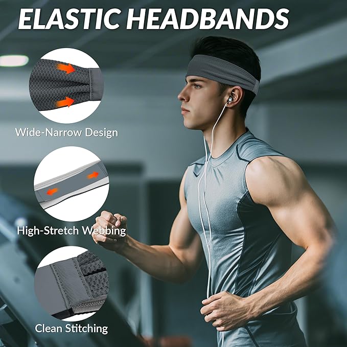 Sukeen Sports Headbands for Men, Moisture Wicking Sweat Bands Headbands Non-Slip, Breathable Elastic Sweatband, Running Headband for Yoga, Tennis, Fitness Workout