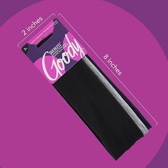 Goody Ouchless Comfort Head Wraps - 3 Ct, Black/Grey, Soft & Stretchy Fabric Headbands for Women & Men, Secure Hold Yoga, Workout Headband, Versatile Hair Accessories for All-Day Wear, All Hair Types