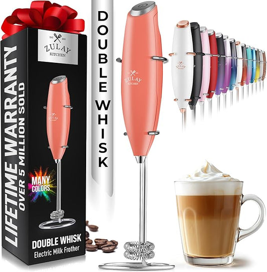 Zulay Double Whisk Milk Frother Handheld Mixer - High Powered Frother For Coffee With Improved Motor - Electric Whisk Drink Mixer For Cappuccino, Frappe, Matcha & More, Twin Whisk (Peaches N Cream)