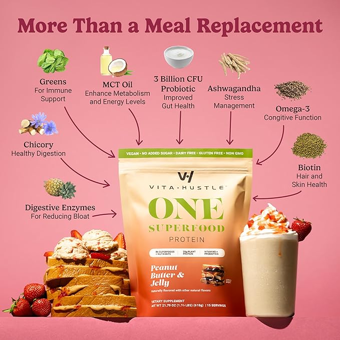 VitaHustle ONE Meal Replacement Shake - Plant Based Protein Powder by Kevin Hart - Vegan, Meal Replacement Powder with Superfoods, Vitamins, Adaptogens & Probiotics - Peanut Butter & Jelly Flavor, 15 Servings