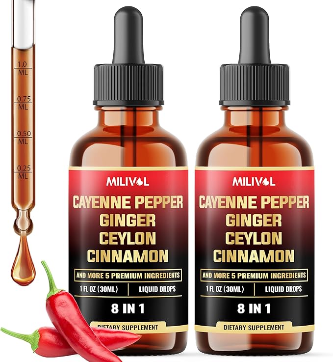 8in1 Cayenne Pepper Liquid Drops with Ginger, Ceylon Cinnamon, Turmeric Curcumin, Berberine - Digestion, Circulatory Heath Support - 2 Packs of 30ml