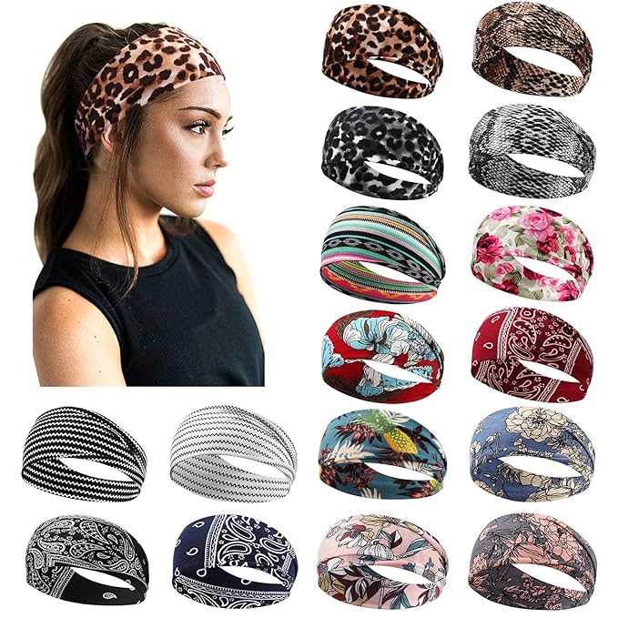 DRESHOW Yoga Running Leopard Headbands for Women Elastic Non-Slip Headbands Sports Workout Hair Bands 16 Pack