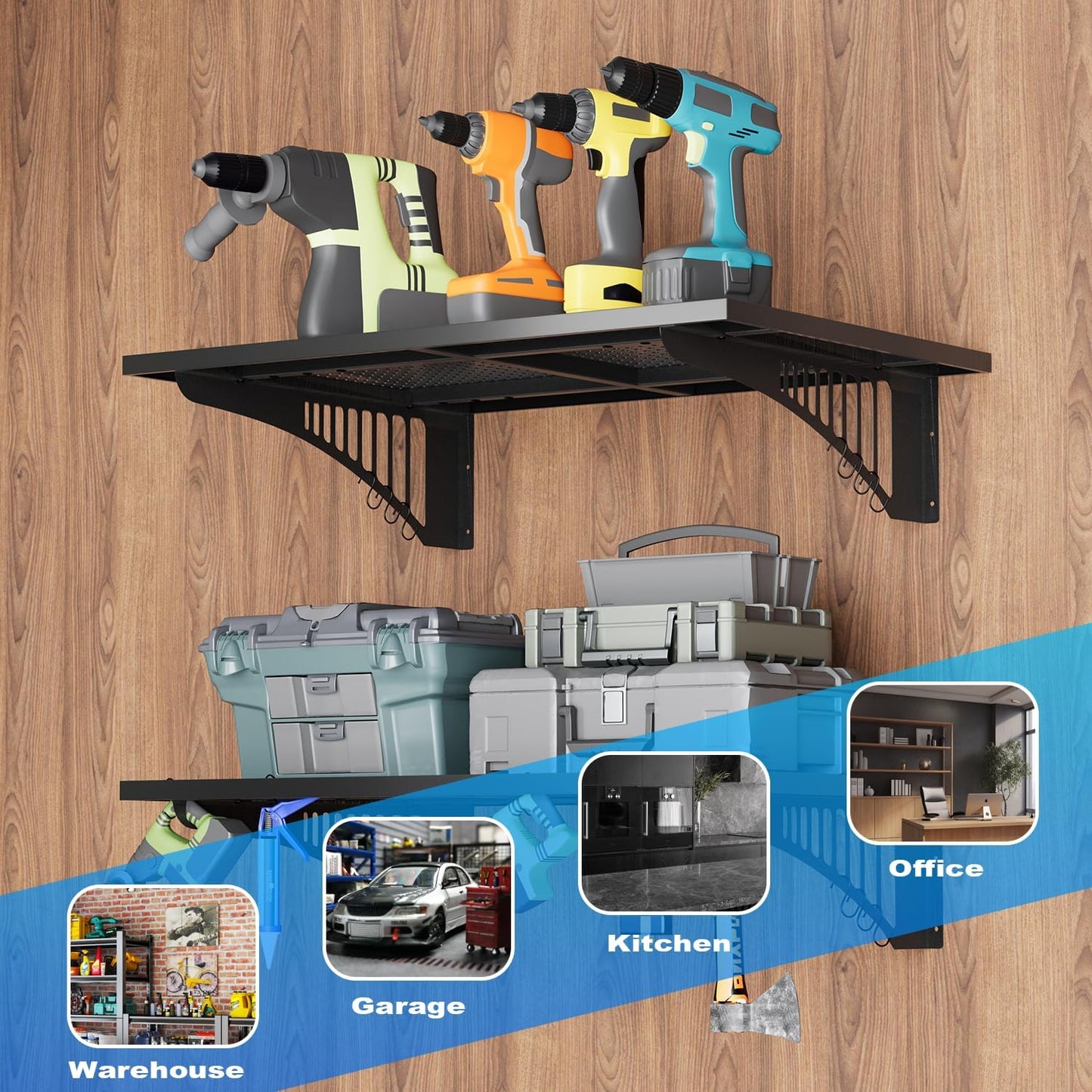 YOLENY 2-Pack 2x3FT Adjustable Heavy Duty Garage Wall Shelving, 500lbs Load Capacity Wall Mount Storage Shelf, Garage Storage Rack with Hooks, Metal Floating Shelves Organizer for Workshop