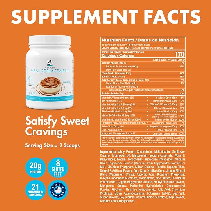 Yes You Can! Complete Meal Replacement - 15 Servings, 20g of Protein, 0g Added Sugars, 21 Vitamins and Minerals - All-in-One Nutritious Meal Replacement Shake (Dulce De Leche)