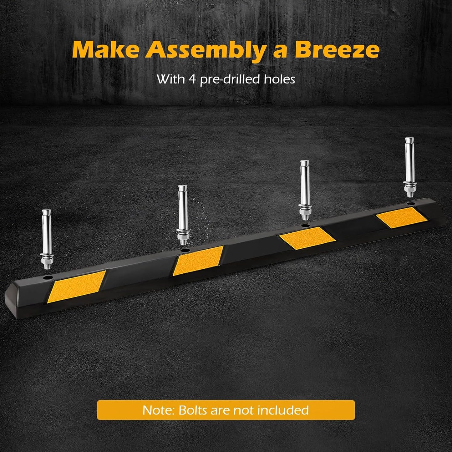 Rubber Parking Curb Garage Floor Stopper, 72" Heavy Duty Parking Lot Stopper with Yellow Reflective Stripes, Guide Wheel Stopper for Car, Truck, RV, Trailer, Driveway (2 Pack)