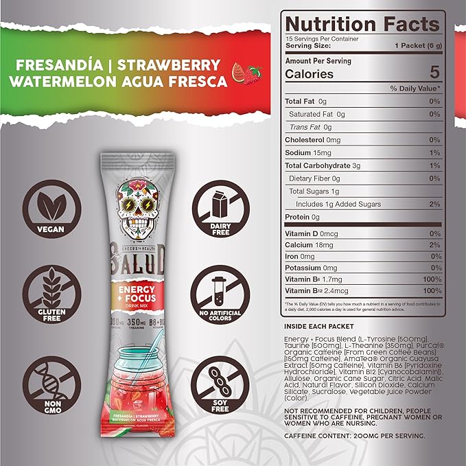 Salud 2-in-1 Energy Drink Powder + Focus, Strawberry Watermelon, Organic Caffeine, B6 + B12, Theanine, Clean Energy Drink Packets, Fresandia Agua Fresca Mix, Non-GMO, Gluten Free, Vegan, 1g of Sugar, (15 Servings)