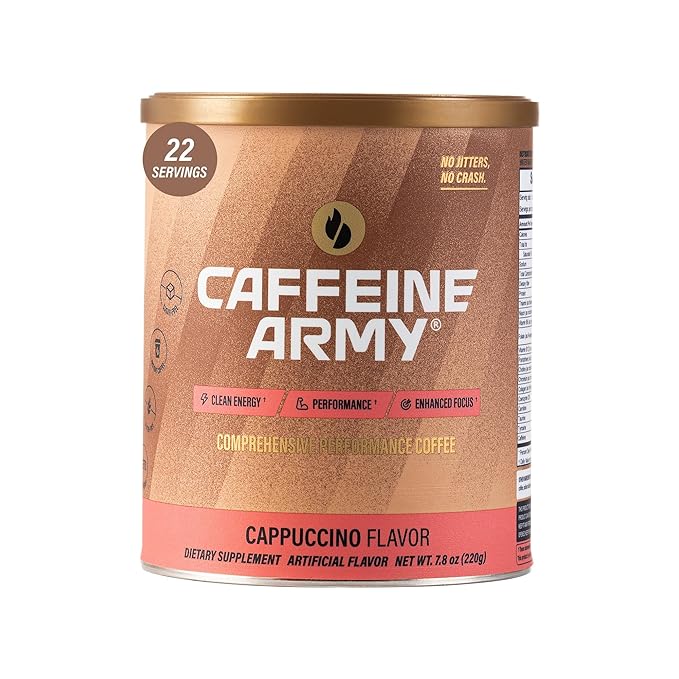CAFFEINE ARMY Cappuccino| Comprehensive Functional Coffee with MCTs, CoQ10, Collagen and Adaptogens: Clean Energy + Supports Daily Attention, No Jitters or Crash (7.8 oz 22 Servings)