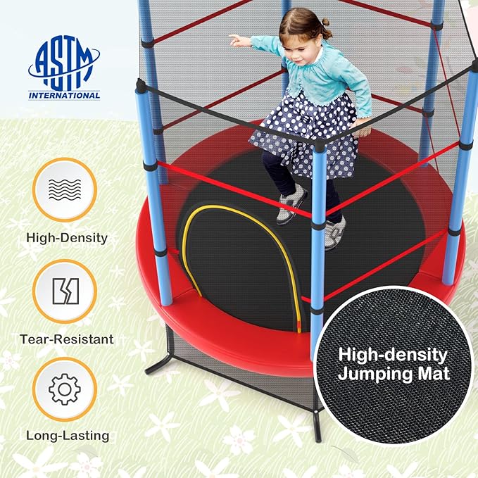 GYMAX Toddler Trampoline, 55” Trampoline for Kids with Bottom-to-Top All-Round Enclosure Net & Seamless Jumping Mat, ASTM Approved Easy Assembly Kids Mini Trampolines Indoor/Outdoor