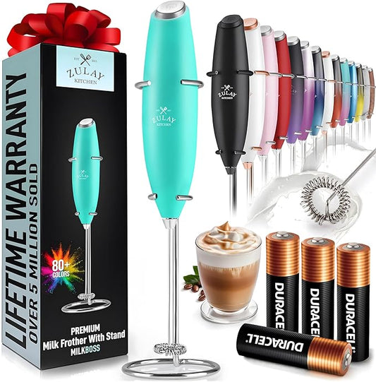 Zulay Powerful Milk Frother Handheld Foam Maker for Lattes - Whisk Drink Mixer for Coffee, Mini Foamer for Cappuccino, Frappe, Matcha, Hot Chocolate by Milk Boss (Caribbean Aqua)
