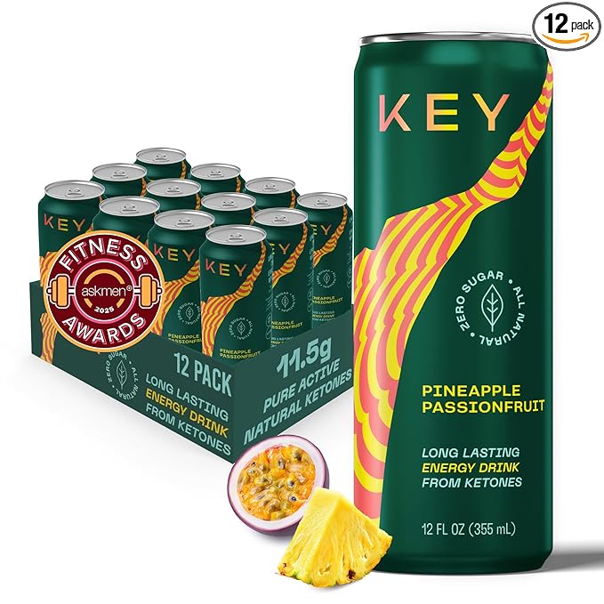 KEY Ketone Energy Drink : Sugar Free, 80mg Low Caffeine, All Natural, 11.5g Ketones, Long Lasting Energy, Green Tea & L-Theanine for Mental Focus, Pineapple Passionfruit (Pack of 12)