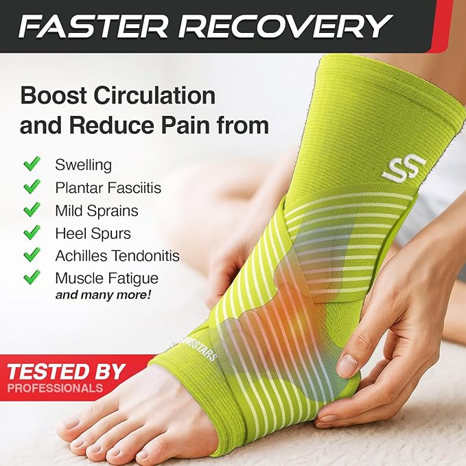 Sleeve Stars Ankle Brace for Women & Men, Ankle Wrap for Sprain, Compression Sleeve for Plantar Fasciitis Relief, Easy Customizable Support: w/ Removable Strap (Pair/M:10"-12"/Neon Green)
