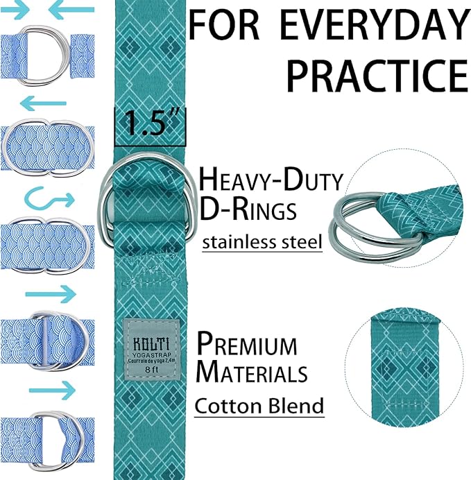 Yoga Exercise Adjustable Straps 8FT with Durable D-Ring for Pilates & Gym Workouts | Hold Poses, Stretch, Improve Flexibility & Maintain Balance
