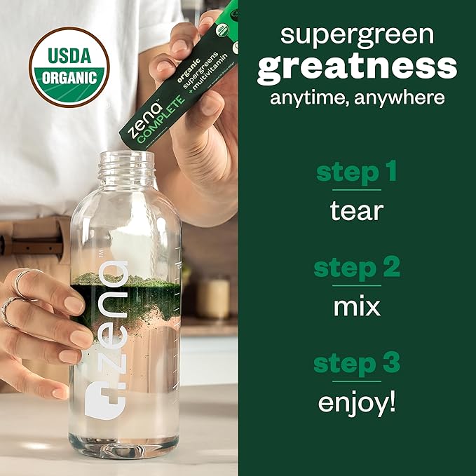 Zena Complete Organic Super Greens Powder & Multivitamin, 90+ Supergreens, Fruits, Veggies, 0 Sugar, 5G Fiber, Pre & Probiotics, Watermelon Citrus Flavor, 30 Packets