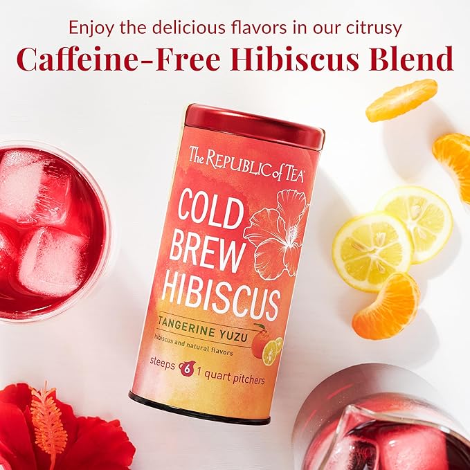 The Republic of Tea – Cold Brew Hibiscus Tangerine Yuzu Iced Tea, Large Herbal Iced Tea Pouches, Steeps Six One-Quart Pitchers