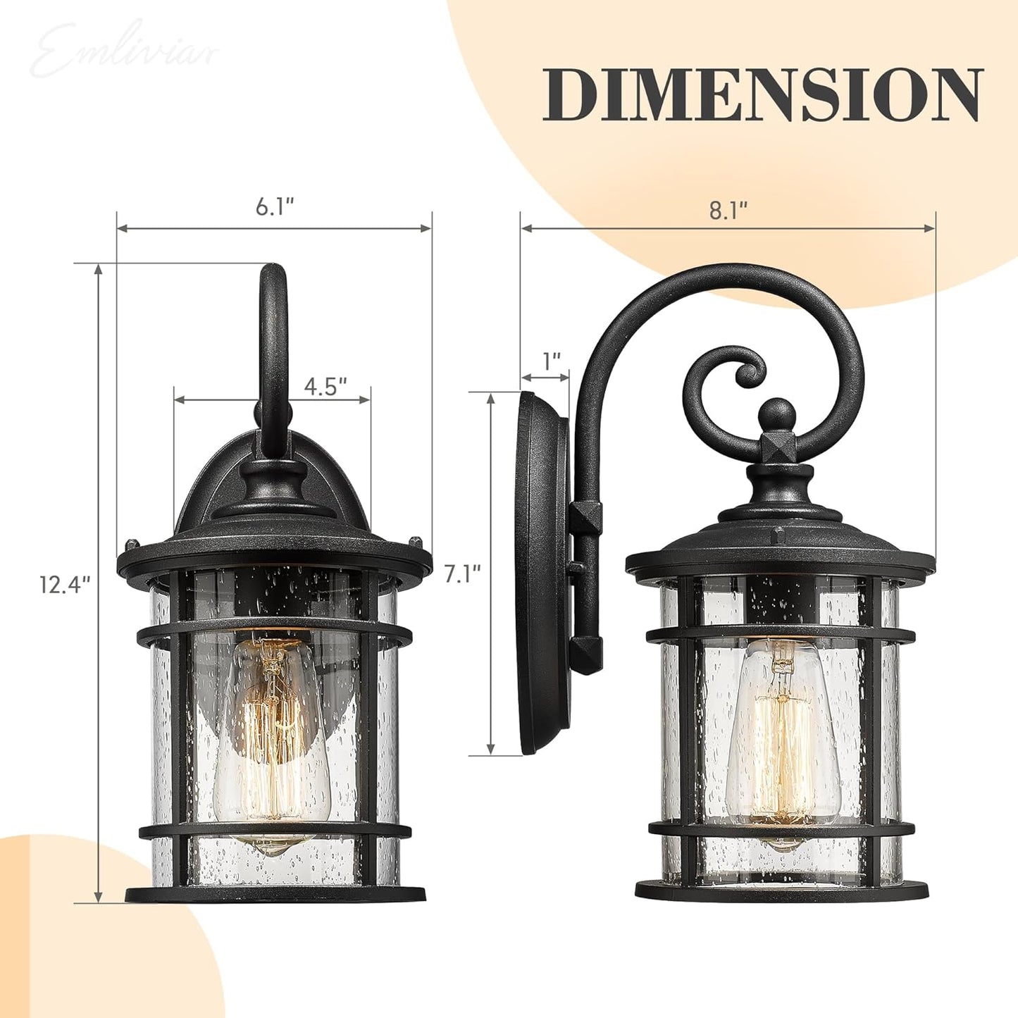 Emliviar Modern Porch Lights 2 Pack - Outdoor Wall Light Fixtures Wall Mount for Garage, Black Finish with Seeded Glass Shade, XE229B-S-2PK BK