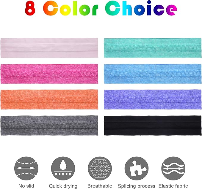 8 Pieces Sweatbands Non Slip Headbands Stretchy Running Sports Sweatbands Workout Headband Grip Silicone Yoga Hair Band Elastic Exercise Hair Wrap for Women Men