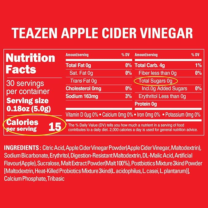 TEAZEN Apple Cider Vinegar Drink Powder Stick – On-the-Go Wellness with 1500mg ACV, Sugar-Free, Postbiotics, 30 Sticks | Supports Digestion & Metabolism