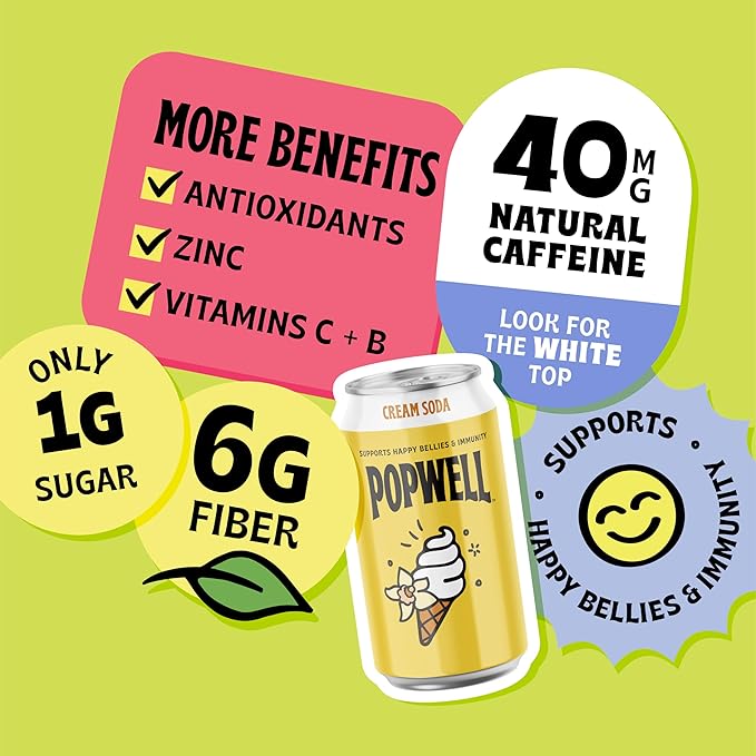 Popwell Cream Soda Caffeinated Better-For-You Prebiotic Soda, with 6g Fiber, 1g Sugar, Vitamins and Immunity Support, 12 fl oz Cans (pack of 12)
