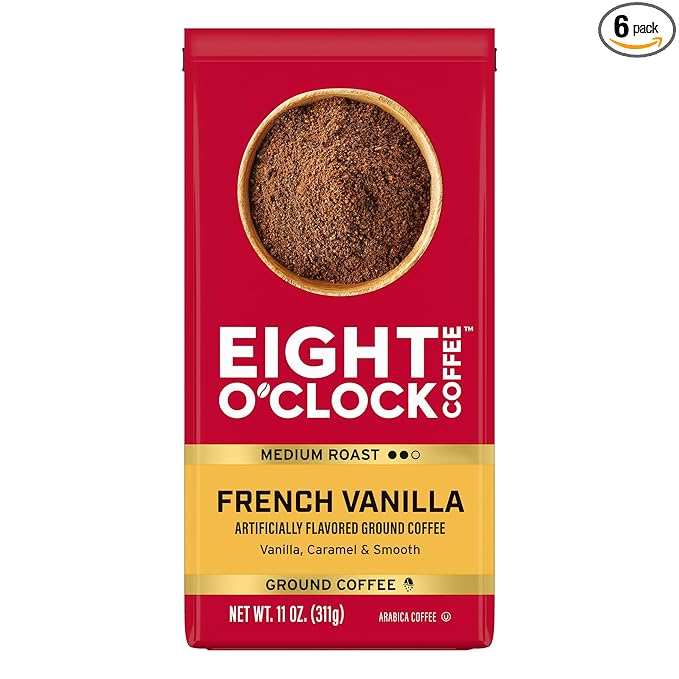 Eight O'Clock Coffee French Vanilla Ground Coffee, Medium Roast, 11 Ounce (Pack of 6) - Smooth & Aromatic
