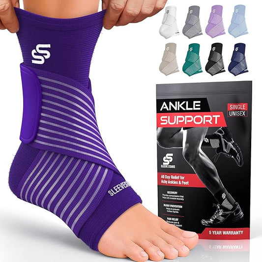Sleeve Stars Ankle Brace for Women & Men, Ankle Wrap for Sprained Ankle, Compression Sleeve for Plantar Fasciitis Relief, Easy Customizable Support: w/Removable Strap (Single/L:12"-13"/Dark Purple)
