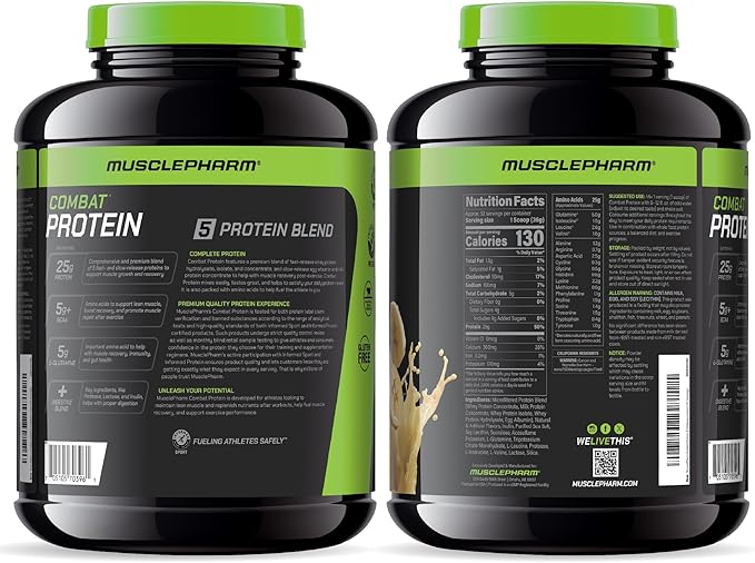 MusclePharm Combat Protein Powder, Banana Cream Flavor, Fuels Muscles for Productive Workouts, 5 Protein Sources including Whey Protein Isolate & Egg Albumin, Gluten Free, 4 lb, 52 Servings