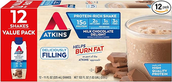 Atkins Milk Chocolate Delight High Protein Shake, 15g Protein, Low Glycemic , 2g Net Carb, 1g Sugar, Keto Friendly , Chocolate Flavored Protein Shakes, 12 Count
