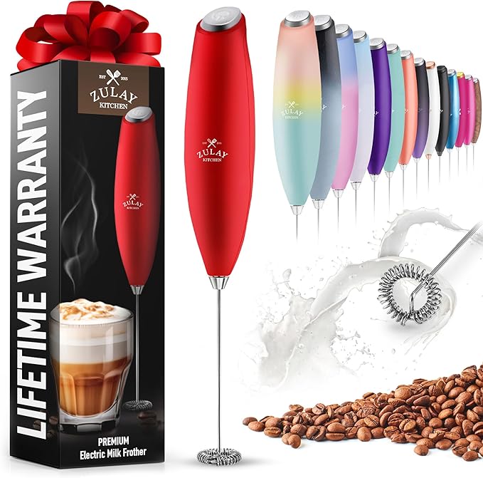 Zulay Powerful Milk Frother for Coffee with Powerful Motor - Handheld Frother Electric Whisk, Milk Foamer, Mini Mixer & Coffee Blender Frother for Frappe, Latte, Matcha, No Stand - Red