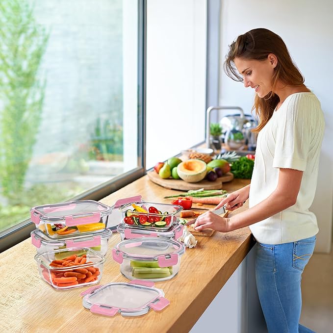 Sorbus 16pc Glass Meal Prep Containers Set – 8 Round 32oz Containers with Airtight Lids – Freezer, Dishwasher, Oven Safe – Reusable Food Storage Bowls, 4 Cup Capacity for Meal Prep and Storage, Pink