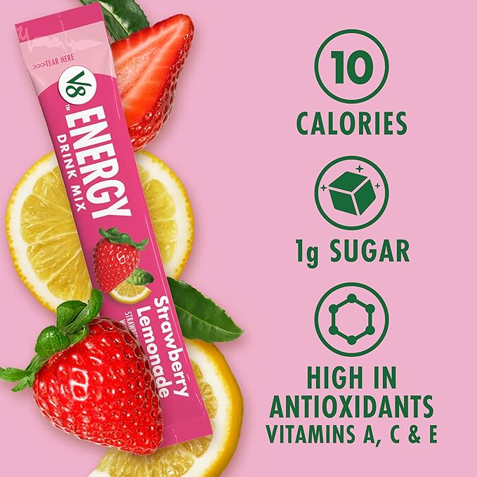 Bundle of V8 Energy Strawberry Lemonade, Peach Mango, & Pomegranate Blueberry Energy Drink Powder, .10 oz Packet (30 Count)