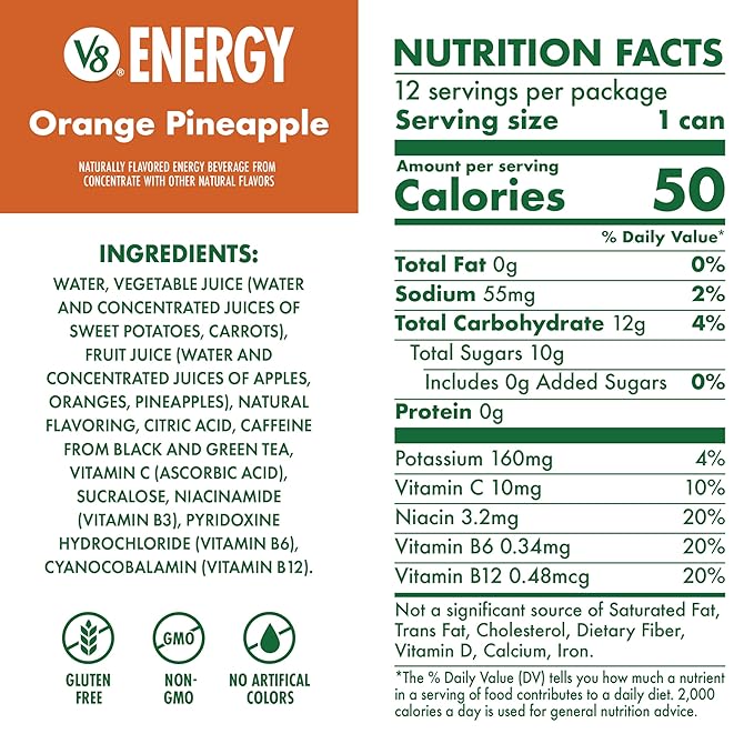 V8 Energy Orange Pineapple Energy Drink, 8 fl oz Can (12 Pack)