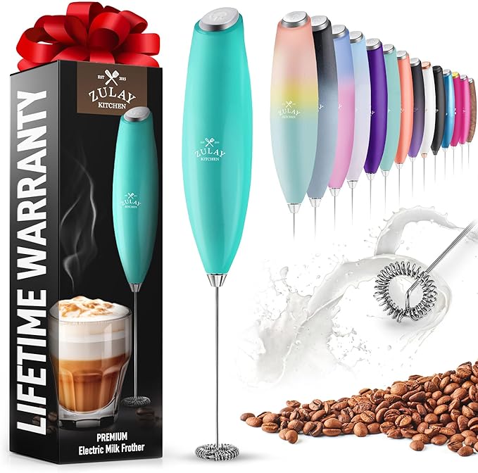 Zulay Powerful Milk Frother for Coffee with Upgraded Titanium Motor - Handheld Frother Electric Whisk, Milk Foamer, Mini Mixer & Coffee Blender Frother for Frappe, Latte, Matcha, No Stand - Aqua